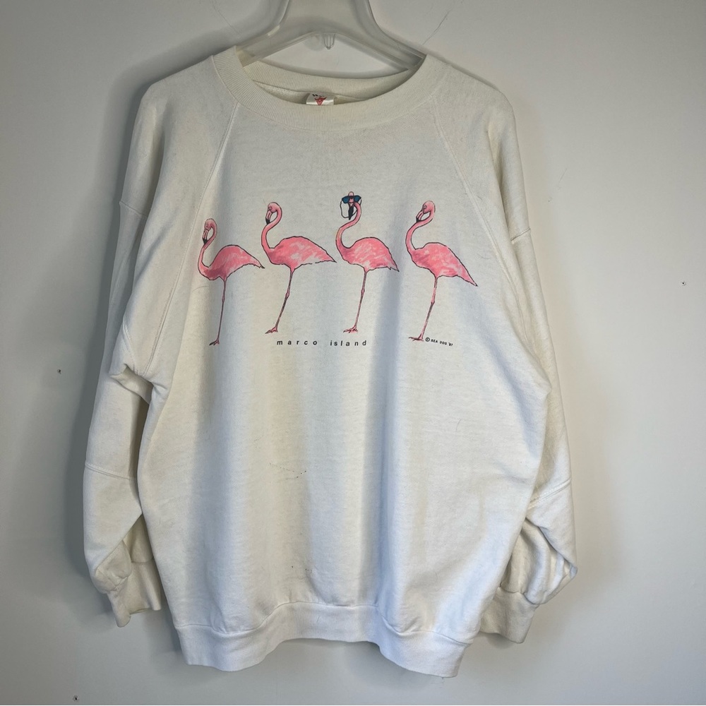 Vintage Sea Dog Marco Island White Sweatshirt with Flamingo Design